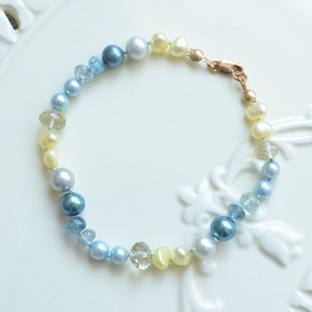 Hand Knotted Pearl and Aquamarine Bracelet - Handmade